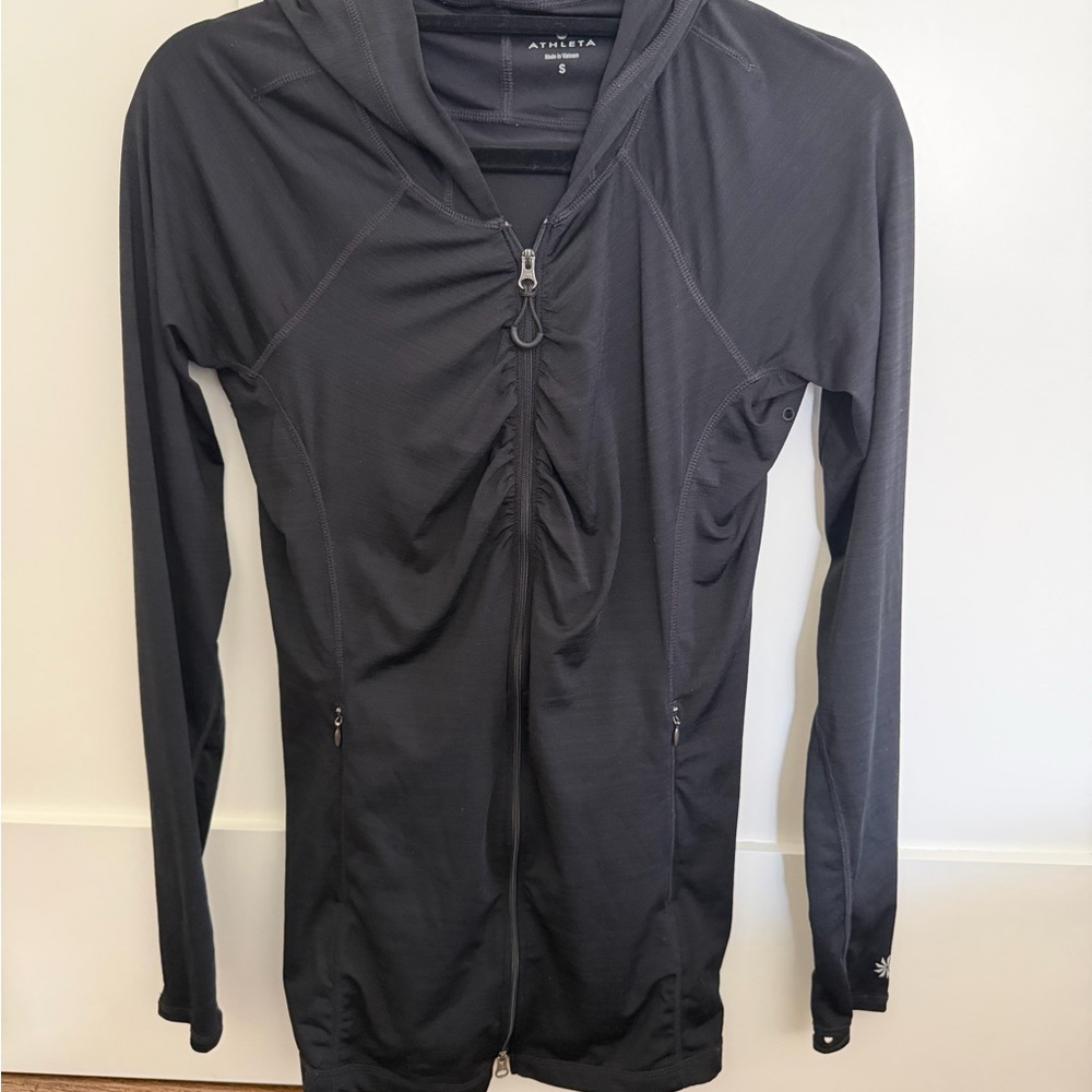 Athleta Black Ruched Full-Zip Hooded Jacket